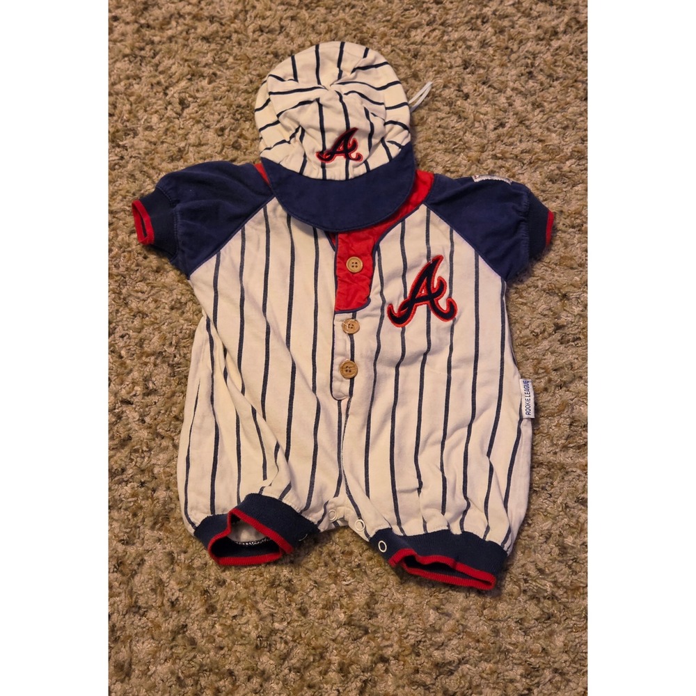 Vtg Rookie League Atlanta Braves Bodysuit Hat Set Baby Size 3-6M White Red Blue
